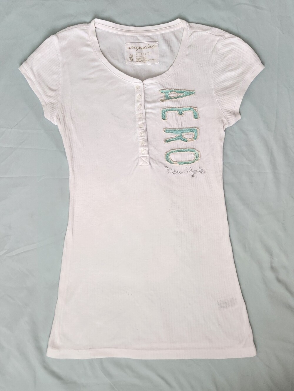 Vintage Aeropostale White Ribbed Knit Short Sleeve Henley Top Size M